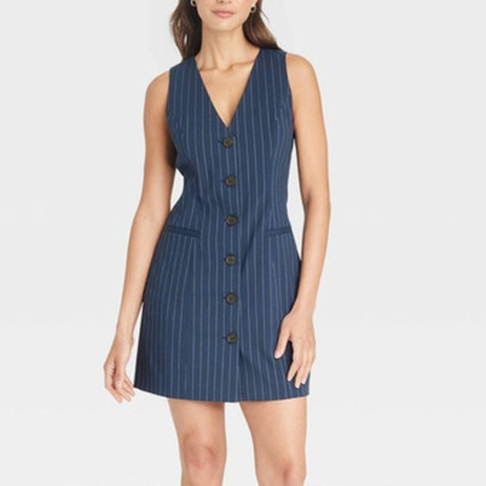 a new day Navy Pinstripe Sleeveless Button Mini Dress